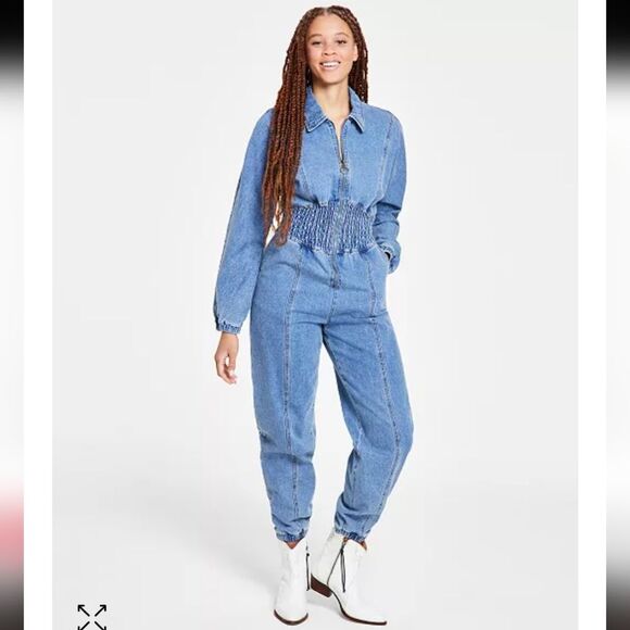 Steve Madden Women's Coya Smock-Waist Denim Long Sleeve Jumpsuit L Large - Picture 1 of 8